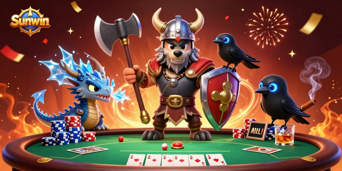 Engage with Sunwin's thrilling casino scene featuring a Viking wolf warrior and vibrant poker action.