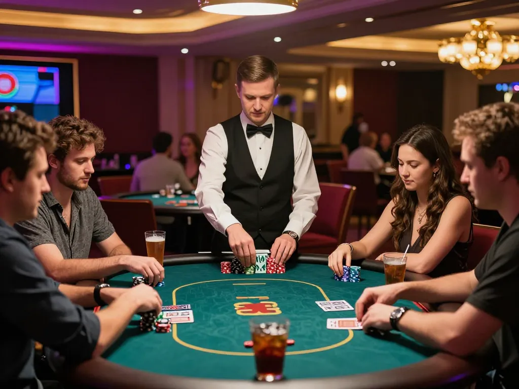 Players strategizing their bets at a poker table in a luxurious casino setting while enjoying 789win com gaming experience