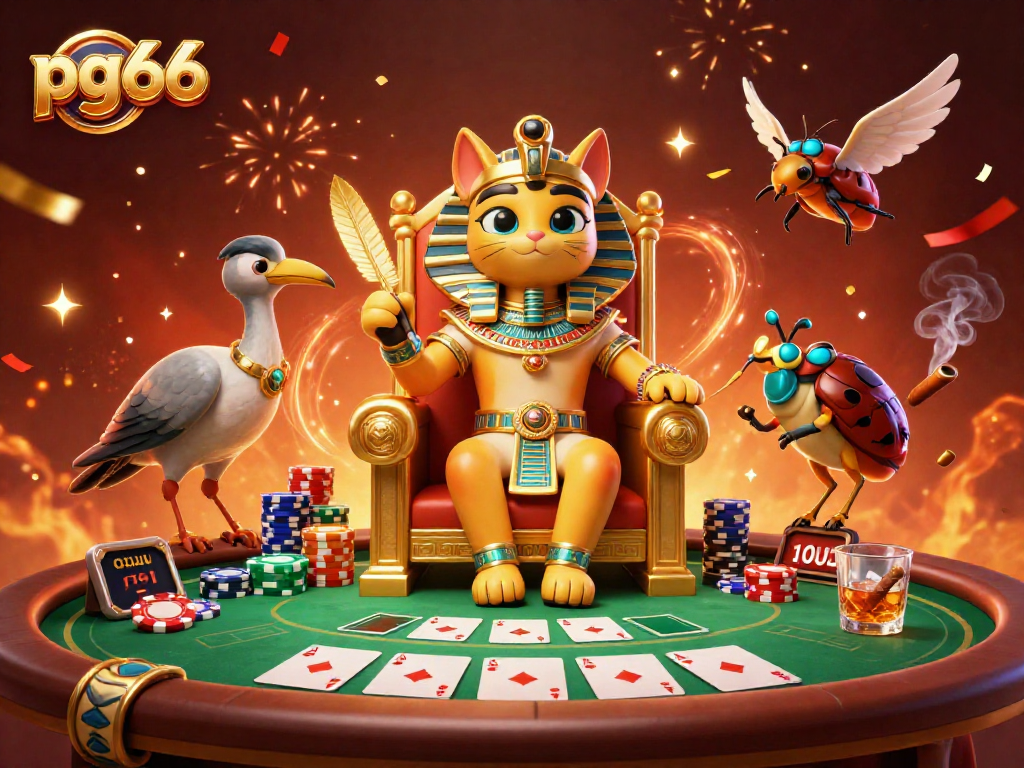 Join the action at pg66 with a vibrant casino scene featuring a pharaoh cat and poker elements!