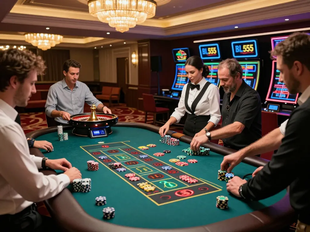 Experience live roulette gameplay at BL555 with players engaged in high-stakes bets on a vibrant table.
