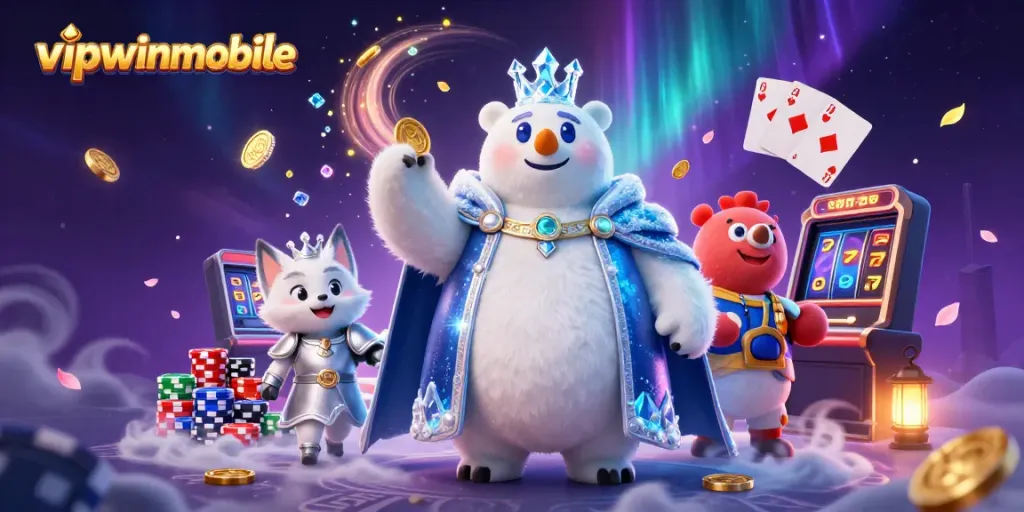 Engage with vipwinmobile casino through a vibrant 3D scene showcasing a polar bear king, snow fox, and dynamic gambling elements.