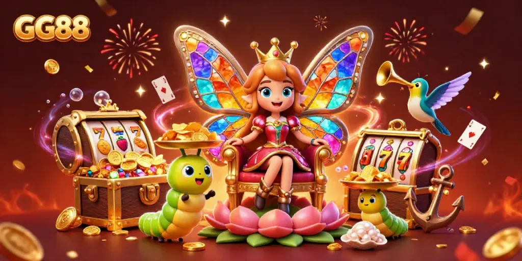 Experience the vibrant 3D scene of GG88 with a colorful butterfly queen and casino elements.