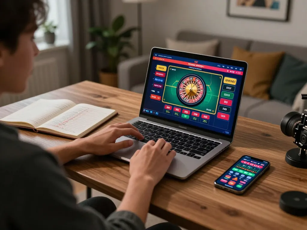 Play online roulette with Go 88 from the comfort of home, featuring strategic notes and gaming setup.