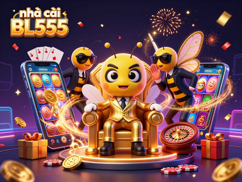Experience the excitement of nhà cái BL555 with a vibrant casino-themed 3D illustration capturing joyous gaming moments.