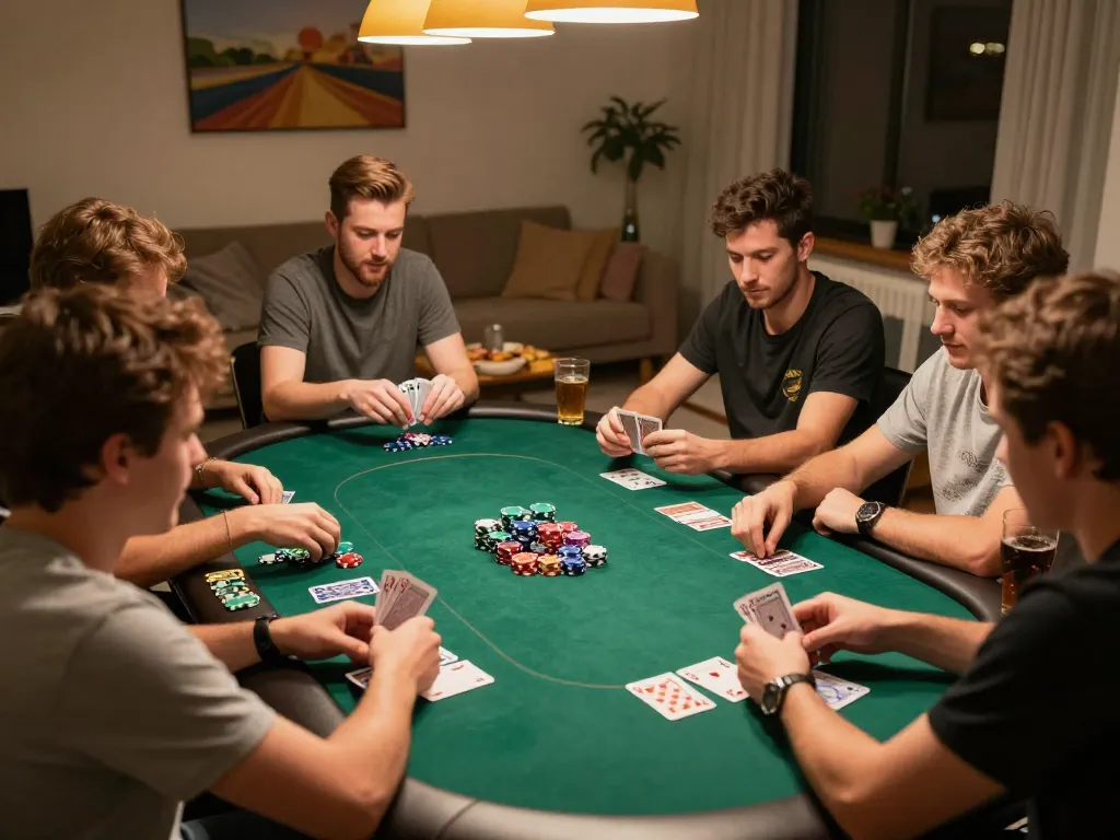 Friends enjoying a lively poker game at home, showcasing tg887 in a competitive yet friendly atmosphere