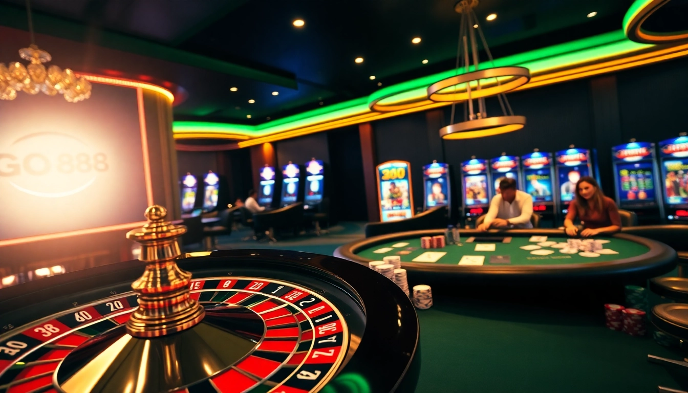 Experience high-stakes excitement at go 88 with a captivating casino scene featuring roulette, poker chips, and slot machines.