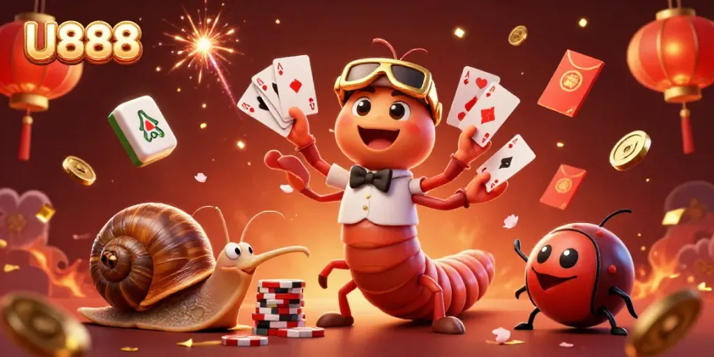 Experience the vibrant excitement of U888's casino, featuring a millipede dealer and dynamic gaming elements.