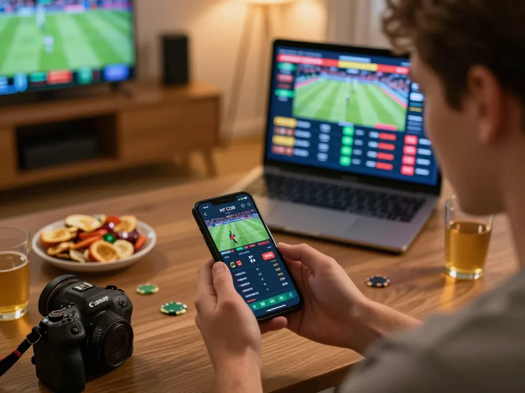 Engaging with the HIT CLUB app for sports betting, smartphone displaying live odds and match updates, cozy home setup.