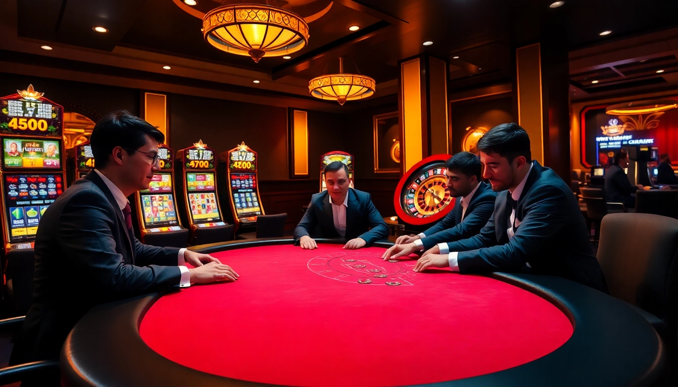 Players enjoying a thrilling poker game at GO8 casino with vibrant slot machines and roulette.