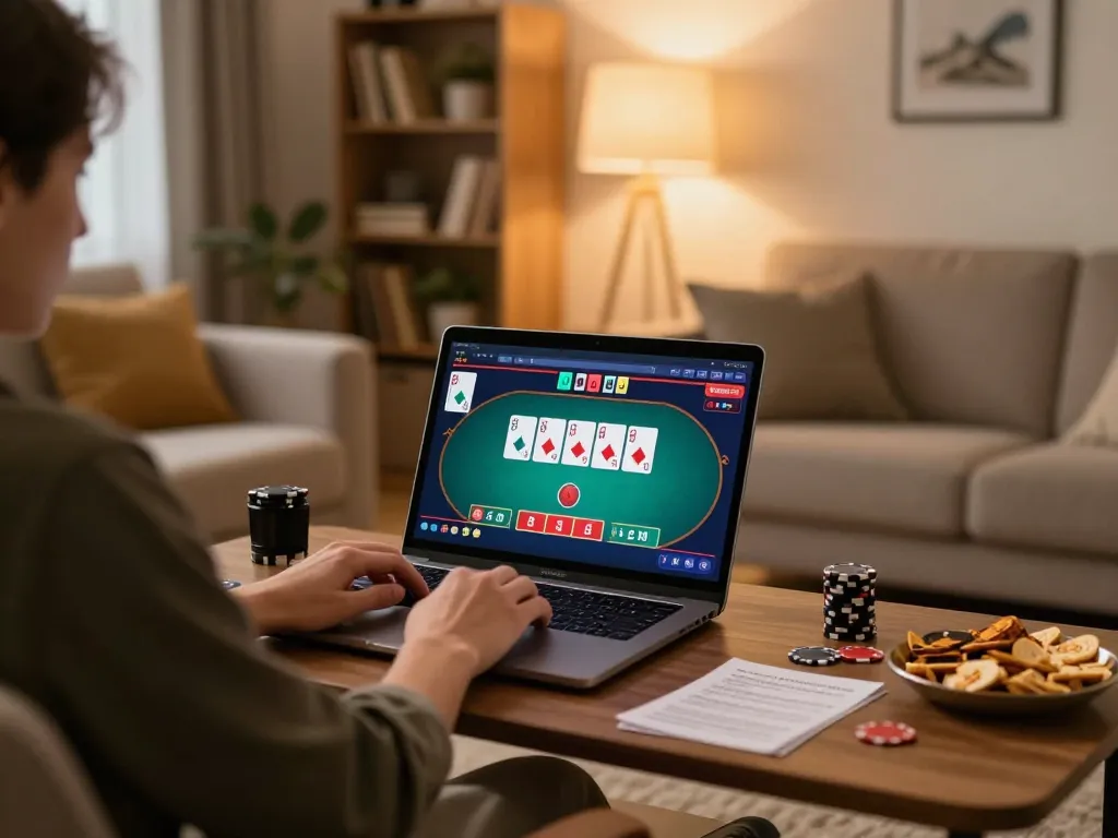 Player engaging with LV88 online gambling on a laptop, showcasing poker game interface in a cozy living room.