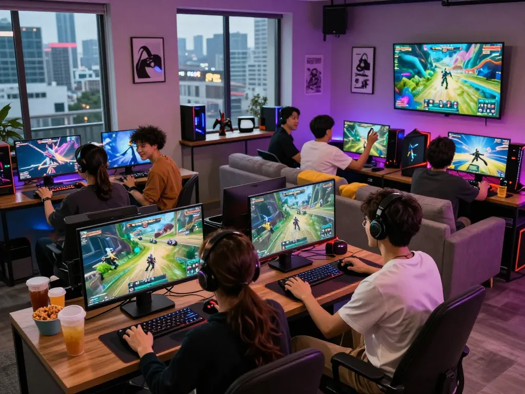 Tải game hitclub with friends enjoying interactive gaming in a vibrant lounge atmosphere.