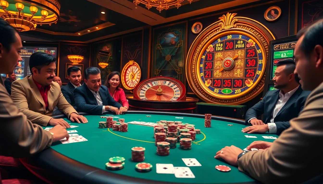 Players engaging in high-stakes poker at https://mm88.vin/ with vibrant chips and cards.