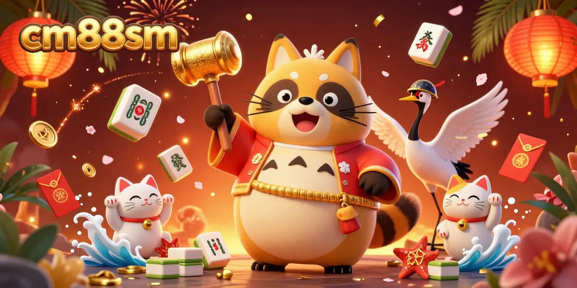 Experience exciting gameplay with cm88sm's rich 3D casino illustration featuring a lucky tanuki and waving fortune cats.