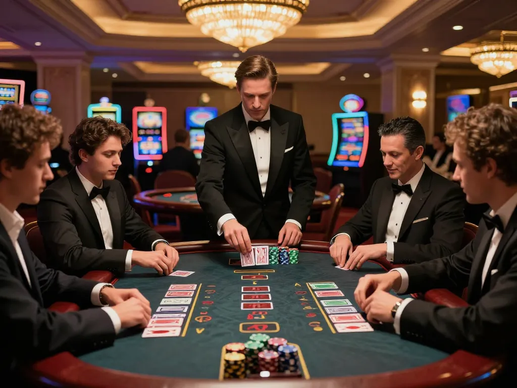 Hitclub blackjack players strategizing at a luxurious casino table, showcasing high-stakes action.