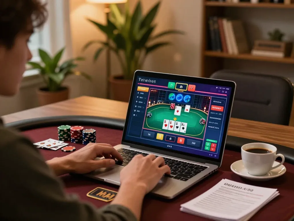 Engaging in poker gameplay on Hitclub, showcasing strategic betting and cozy home environment.