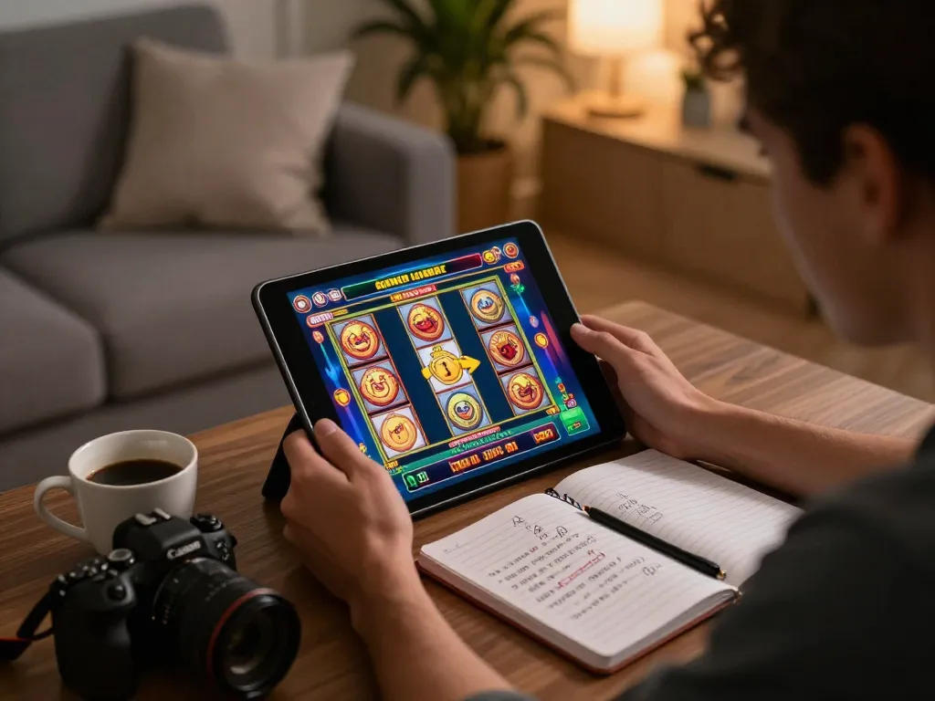 Engaging online gaming moment at https://max88sss.com/ with a player enjoying a slot game on a tablet, showcasing cozy atmosphere.