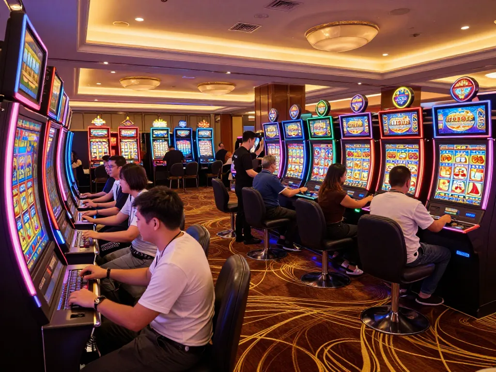 Players enjoying the excitement of nổ hũ slot machines in a lively casino environment.