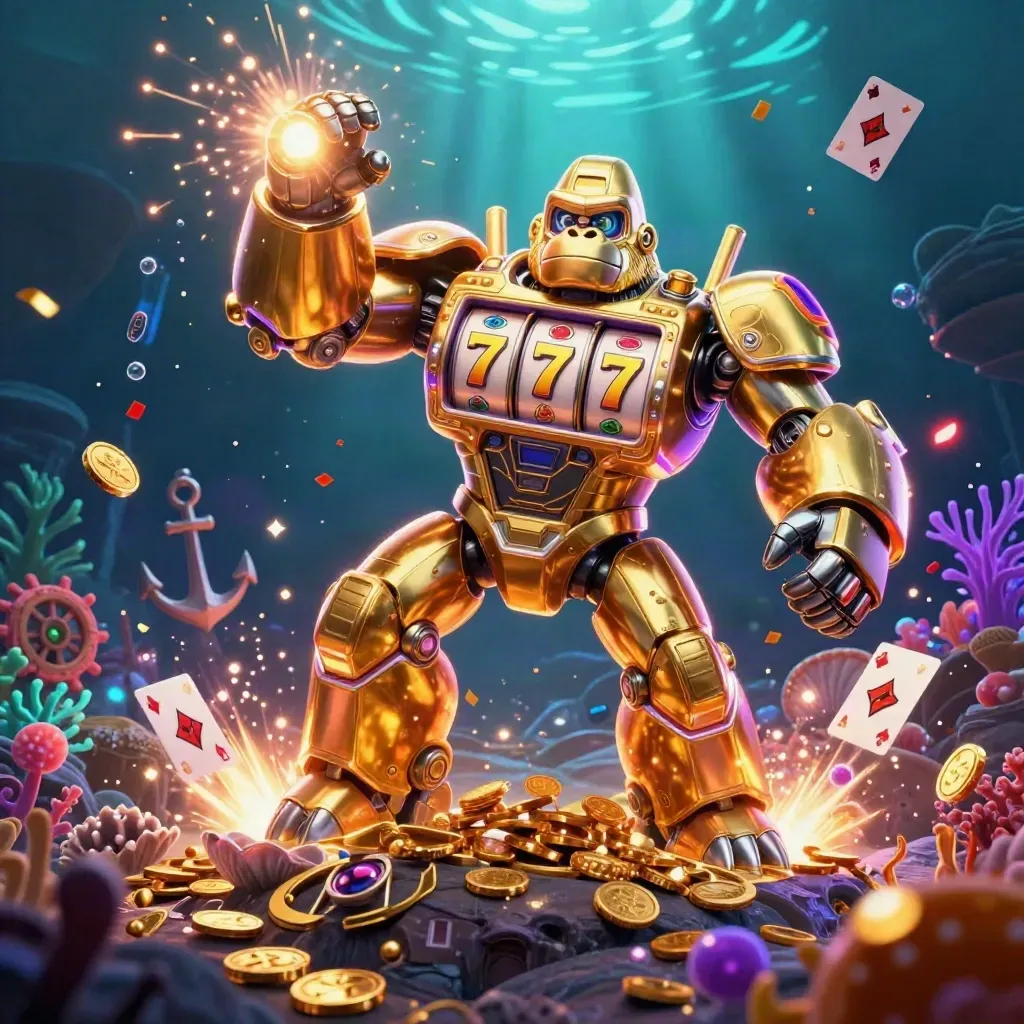 Golden gorilla mech with tiny monkey pilot amid treasure, coral, and neon underwater casino glow.