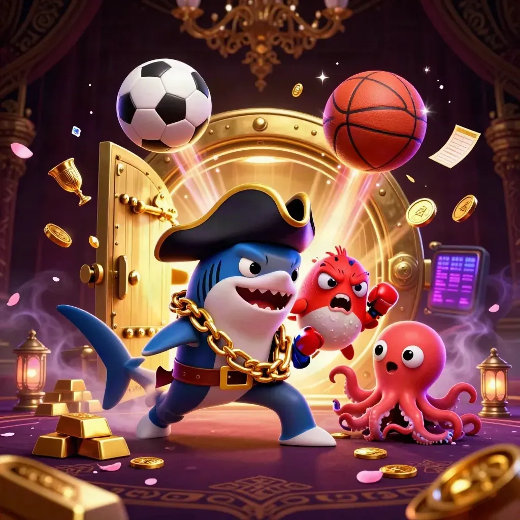 Pirate shark, pufferfish, and baby octopus amid treasure, balls, and casino glow