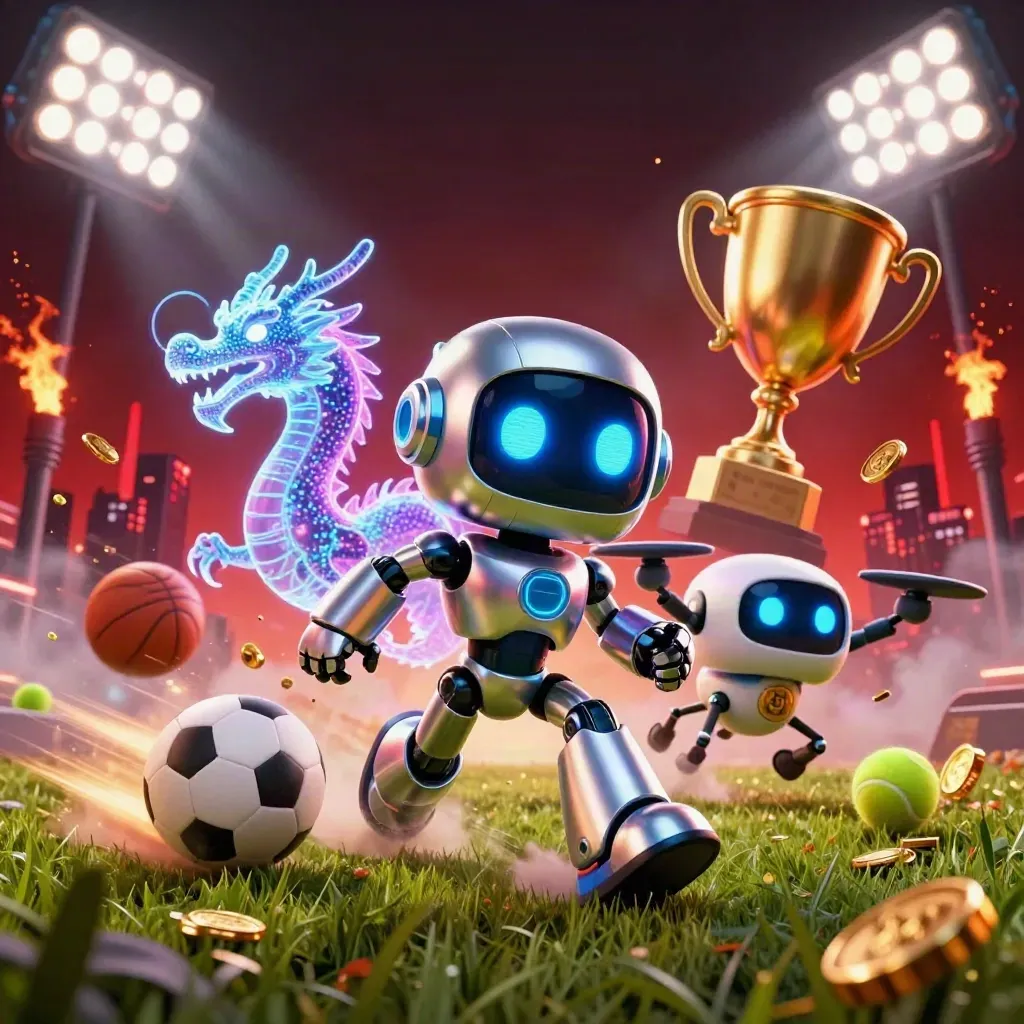 Cyberpunk robot, holographic dragon and coin drone amid flying balls, coins and blazing turf.