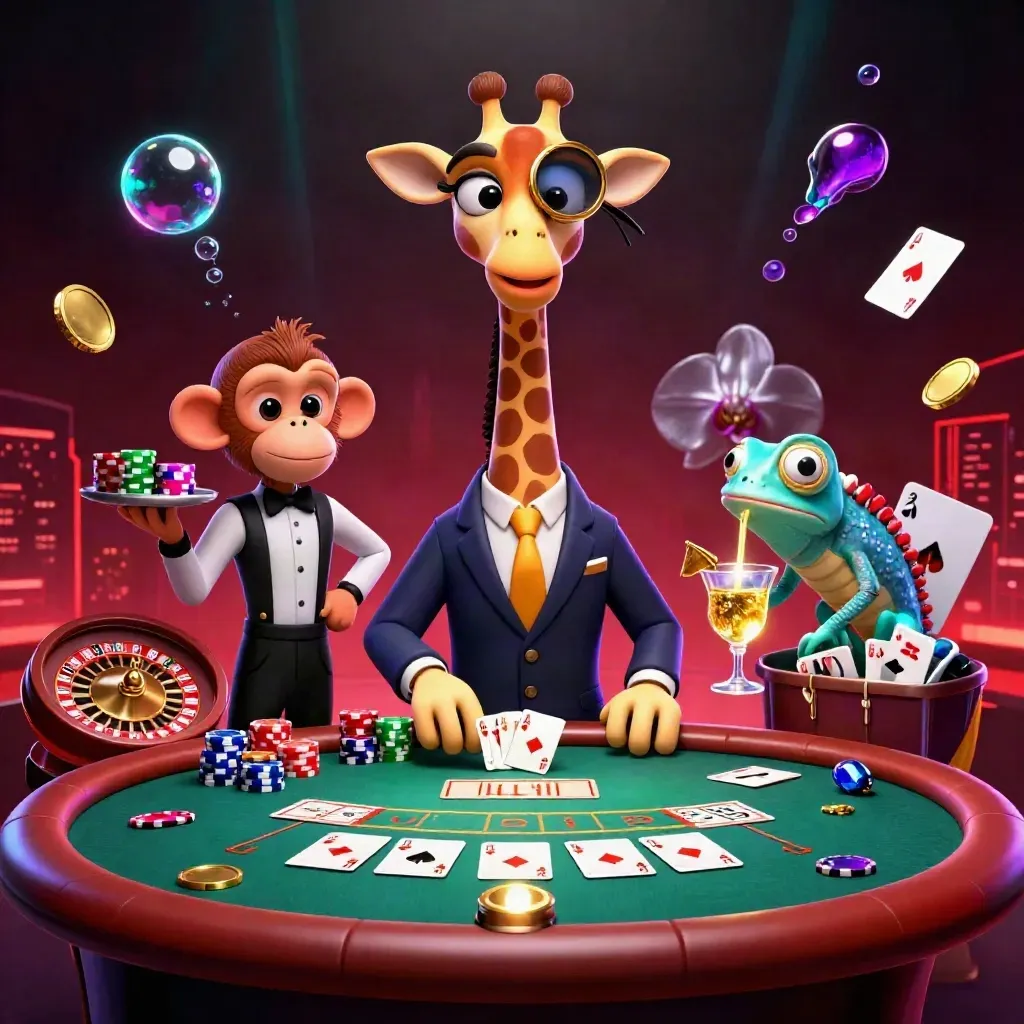 Giraffe, monkey valet, and chameleon bartender amid glowing casino chips and cards.