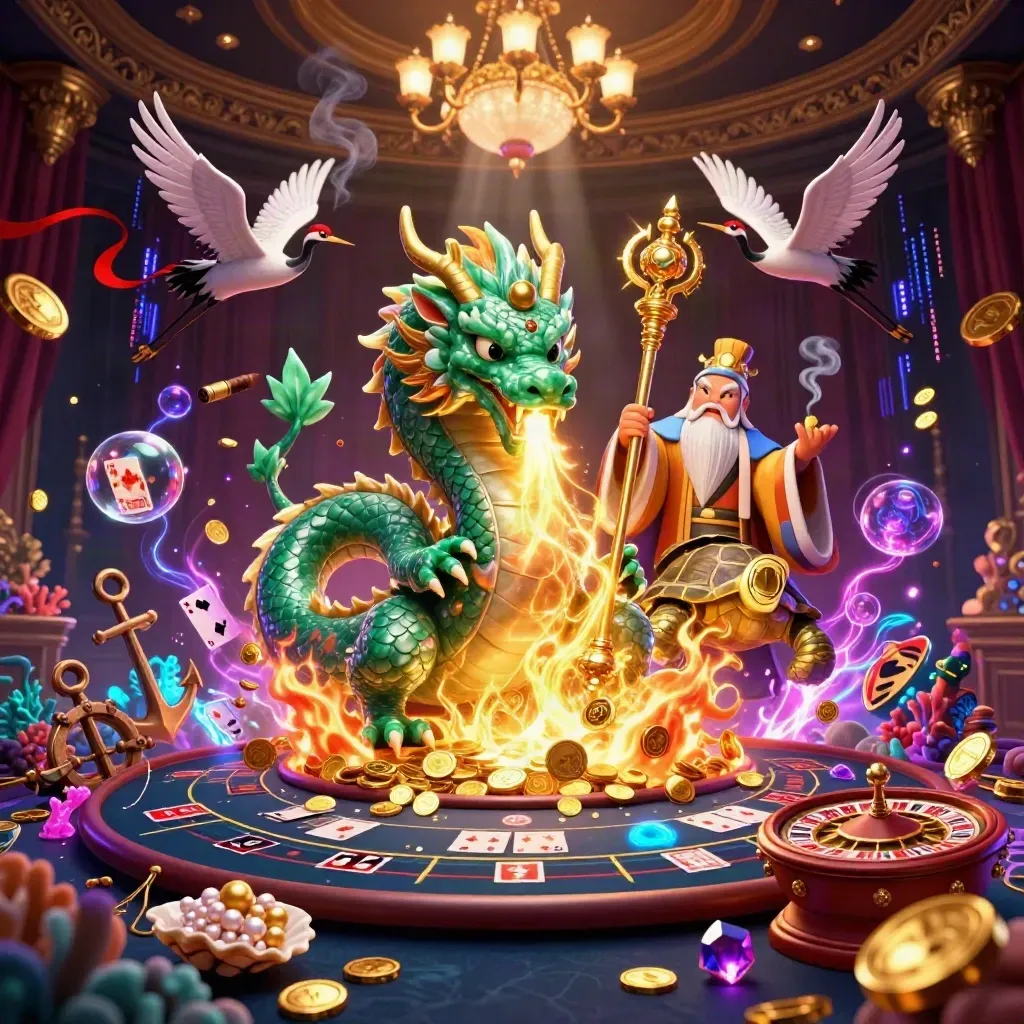 Dragon, turtle sage, cranes, and casino treasure cove with gold, jewels, roulette wheel.