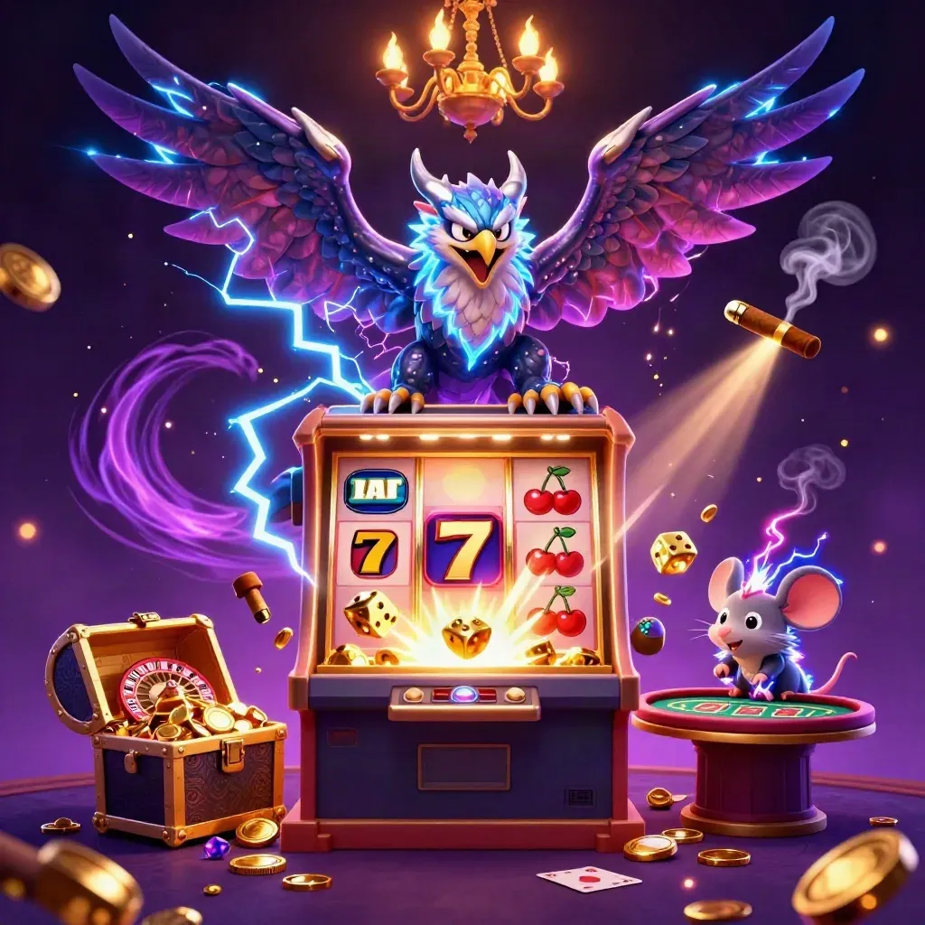 Thunder dragon, wind hawk, and static mouse amid slot explosions in a neon casino room.