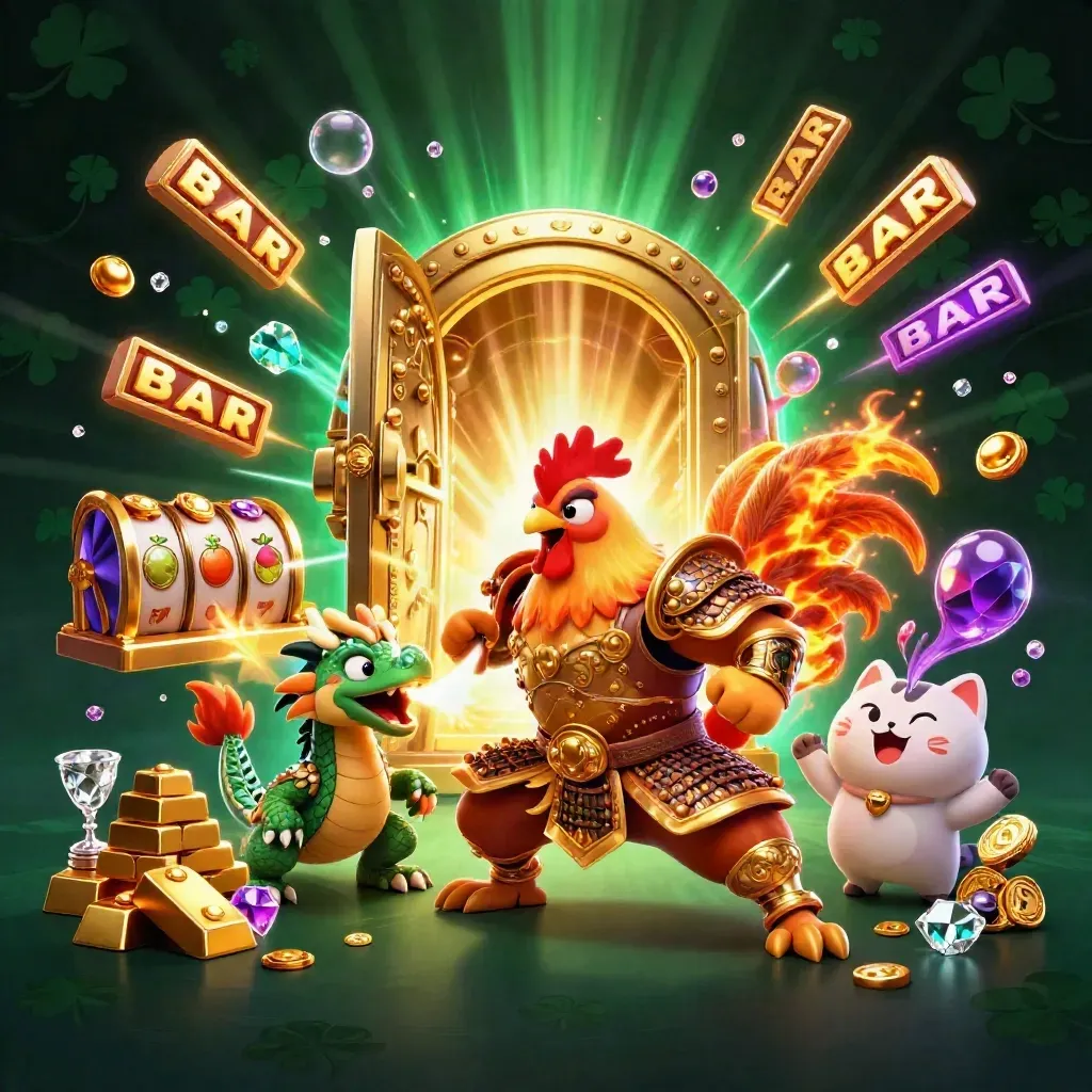 Rooster warrior, dragon hatchling and fortune cat burst from a golden vault amid treasure.