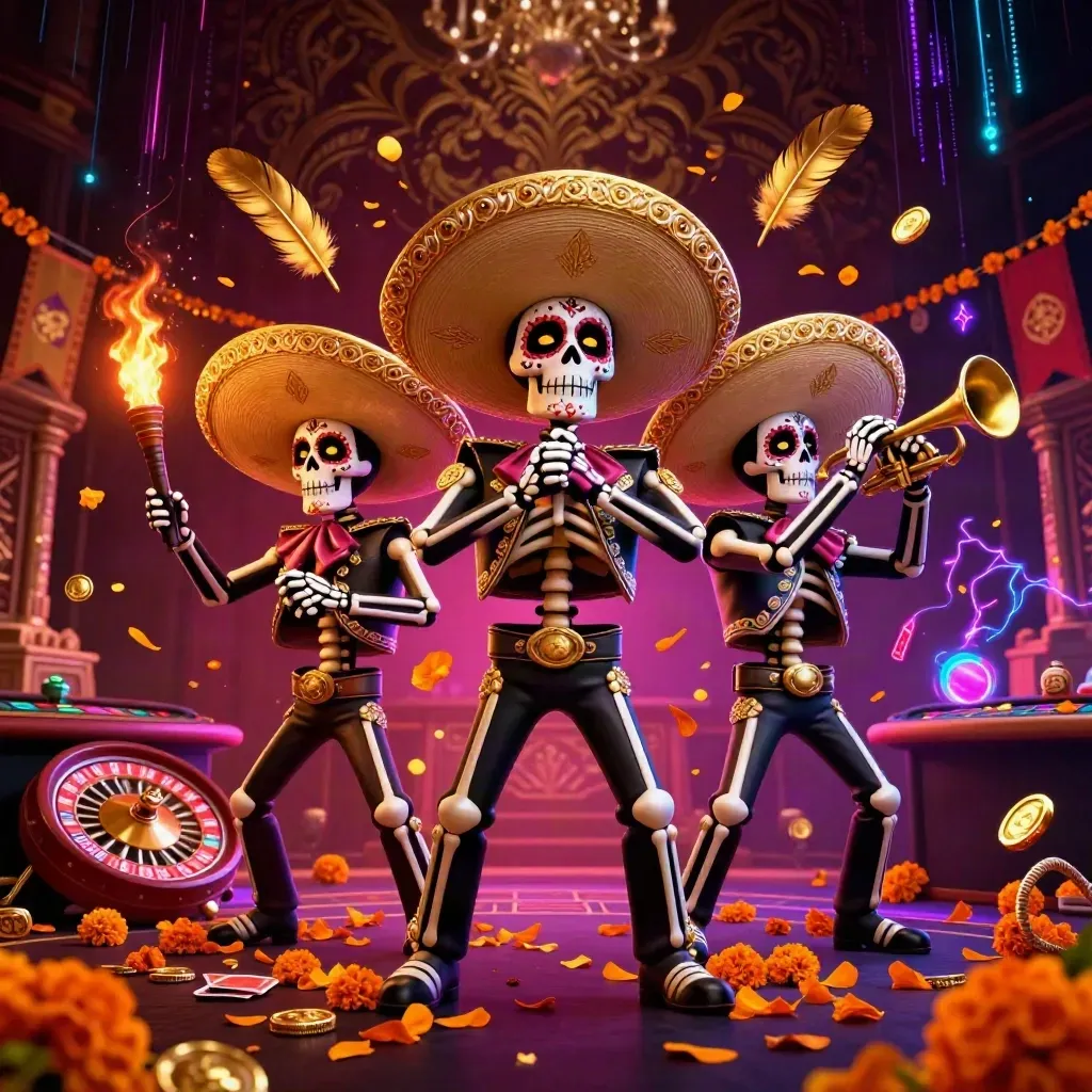 Skeleton mariachi trio in a neon casino scene with roulette, temple gate, coins, and petals