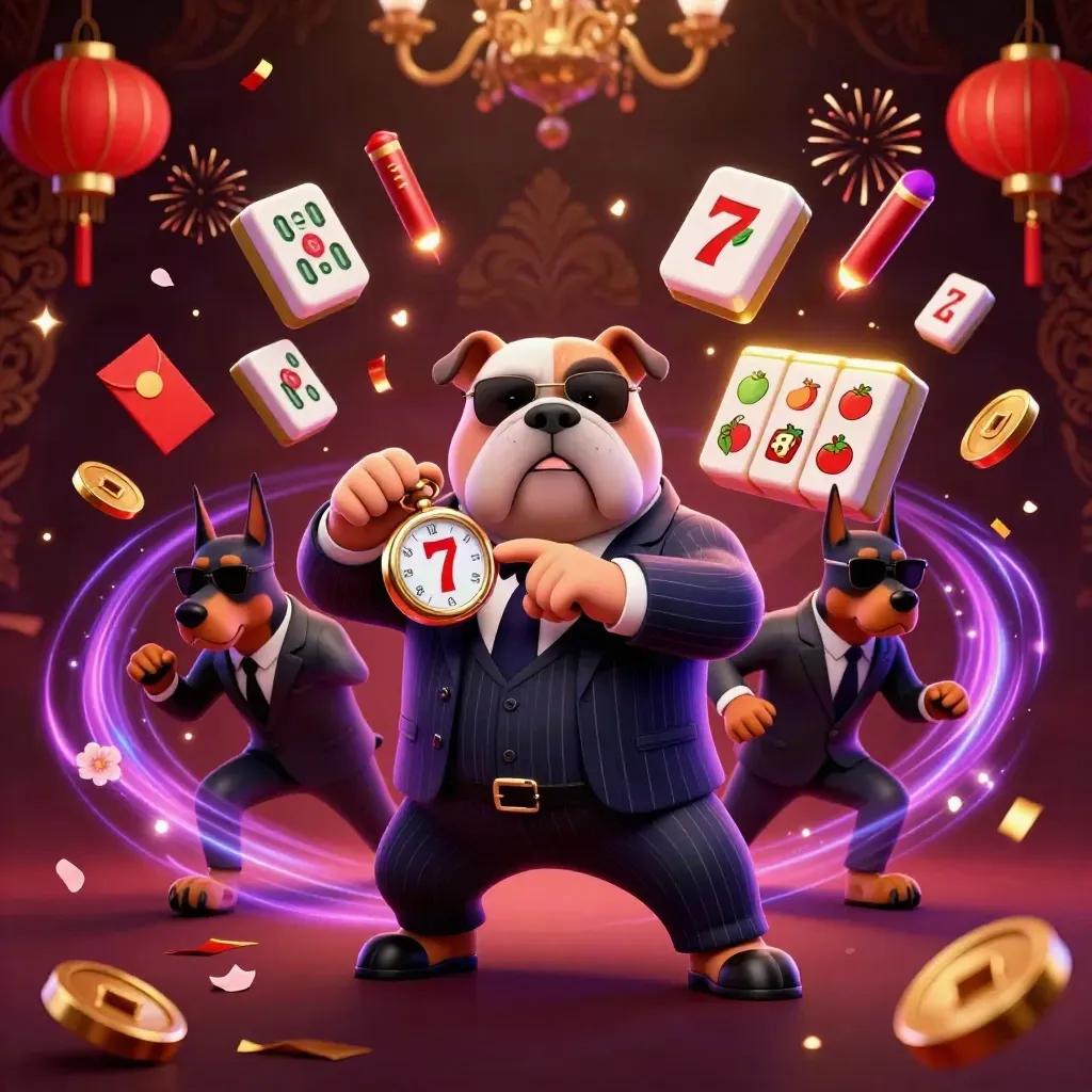 Mafia bulldog and Dobermans amid casino bursts, lanterns, jade coins, fireworks and gold glow.