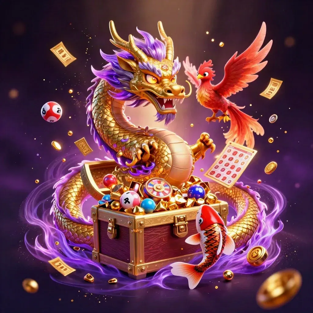 Golden dragon with phoenix and koi exploding from a treasure chest in a purple cosmic casino glow.