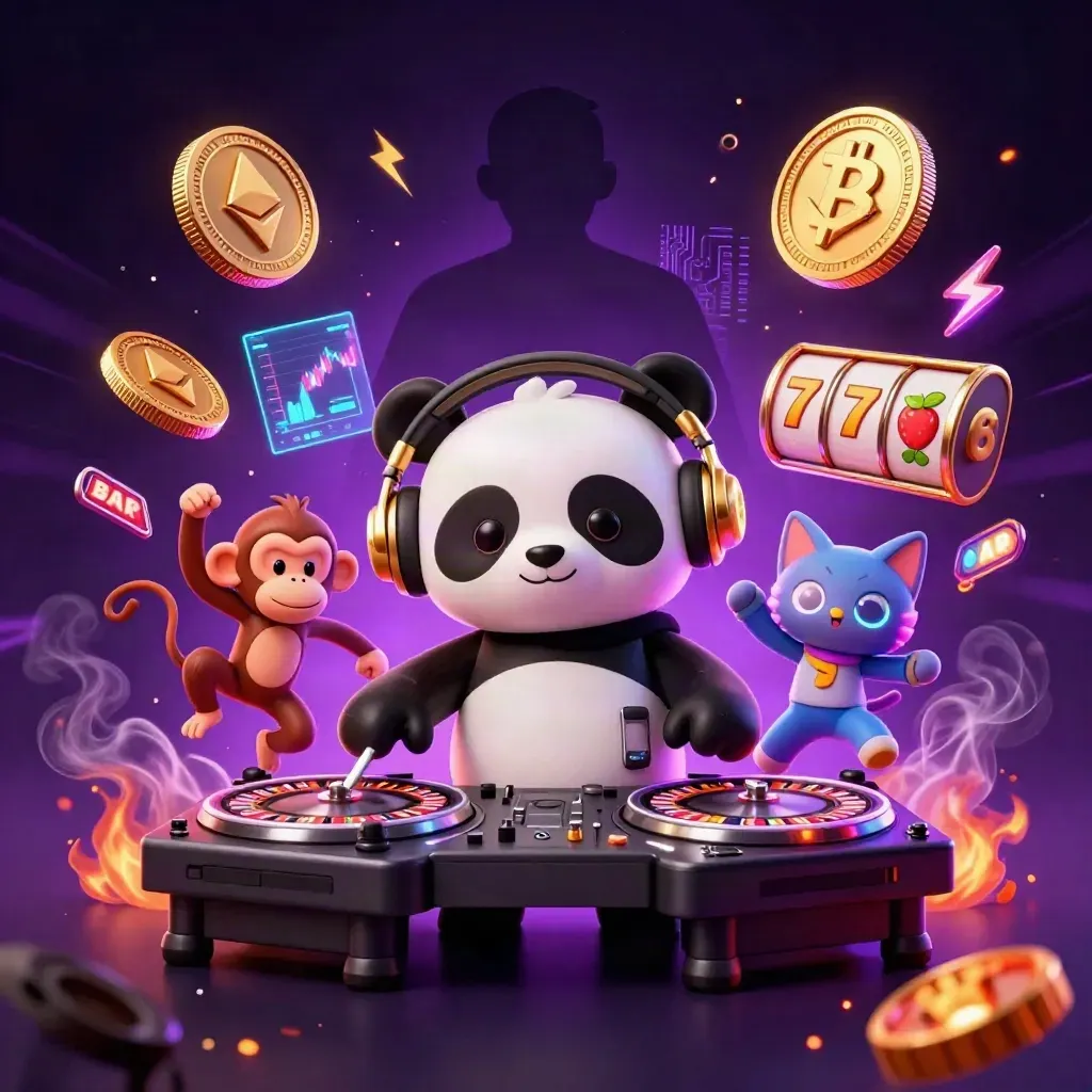 DJ panda, dancing monkey, and glow-stick kitten amid neon coins, lightning, and casino magic.