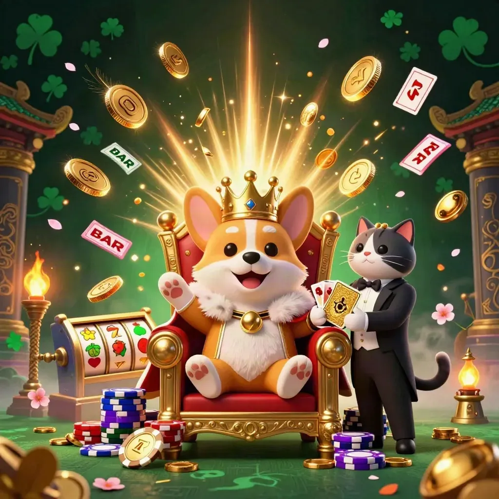 Crowned corgi and cat butler amid exploding coins, reels, and temple-themed casino celebration.