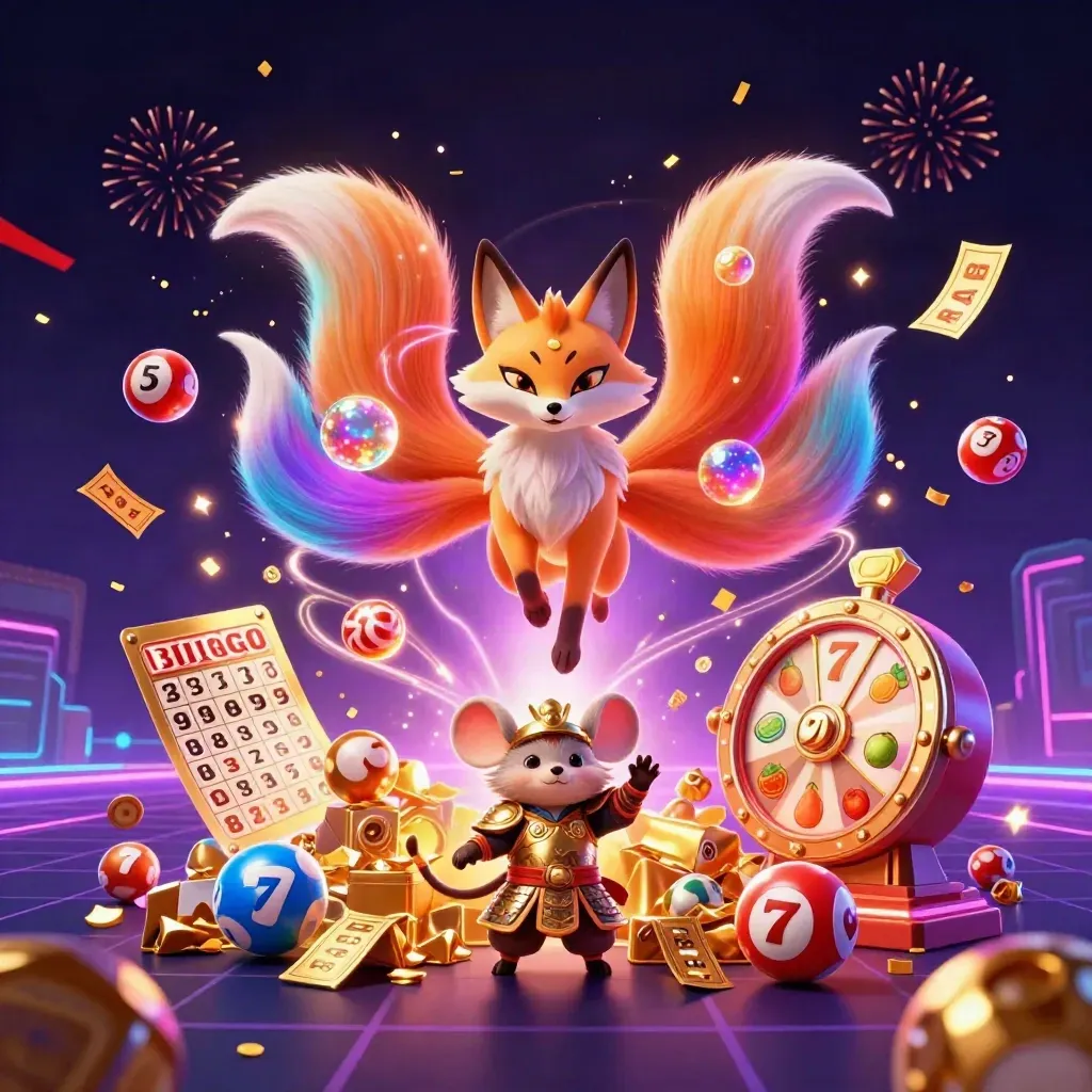 Nine-tailed fox spirit and samurai mouse amid coins, reels, fireworks, and neon casino magic.