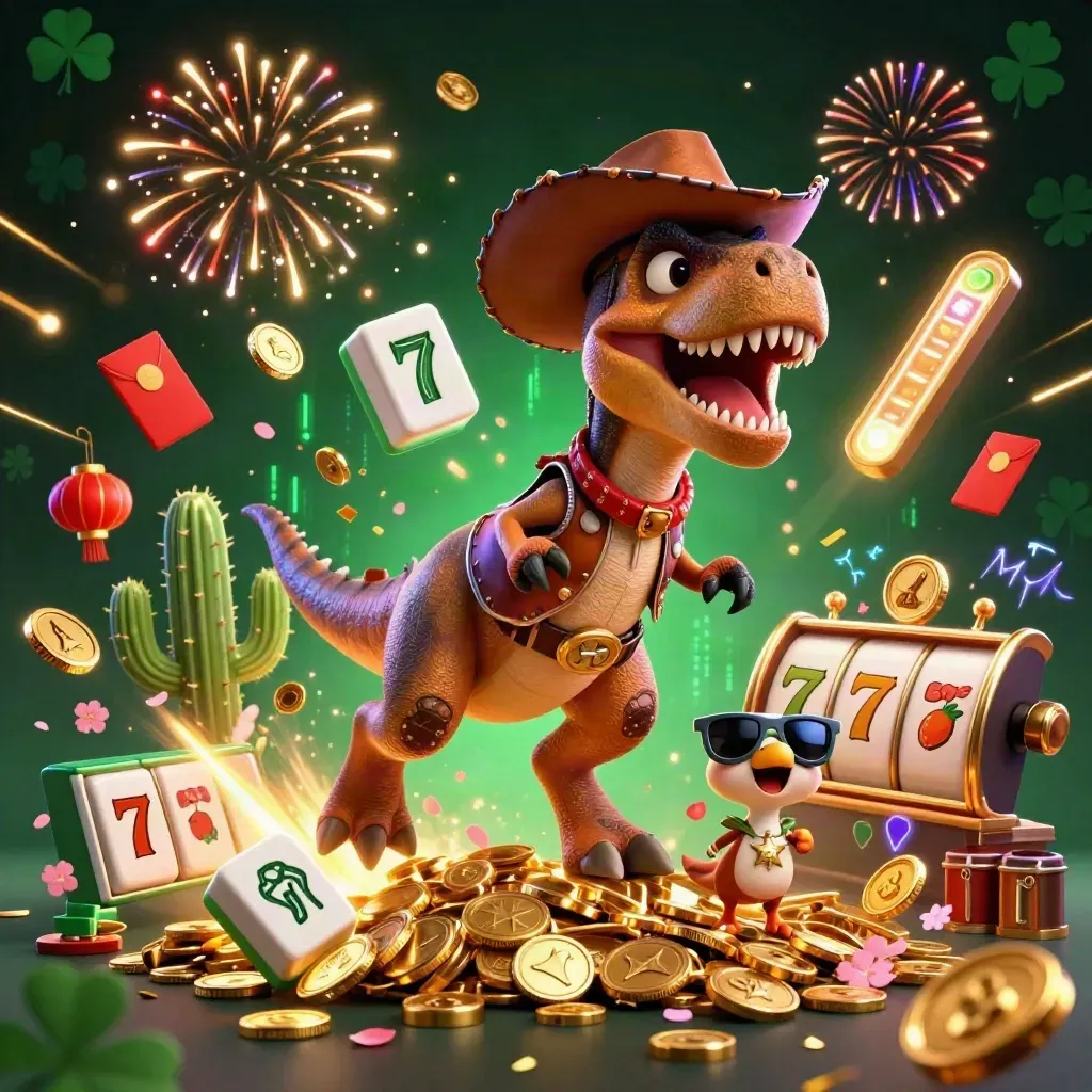 Cowboy T-Rex, cactus sidekick, and roadrunner amid coins, fireworks, lanterns, and slot symbols.