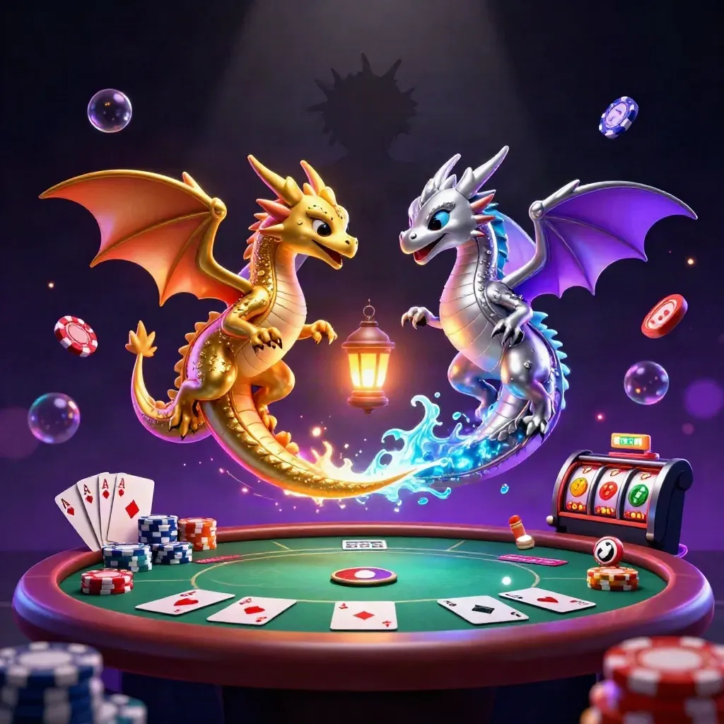 Twin gold and silver dragons swirl amid cards, chips, reels and neon casino glow.