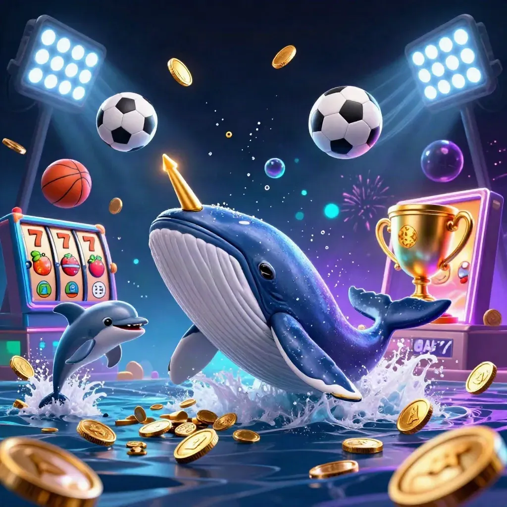 Whale captain, narwhal and dolphins burst through gold coins with casino lights and fireworks.