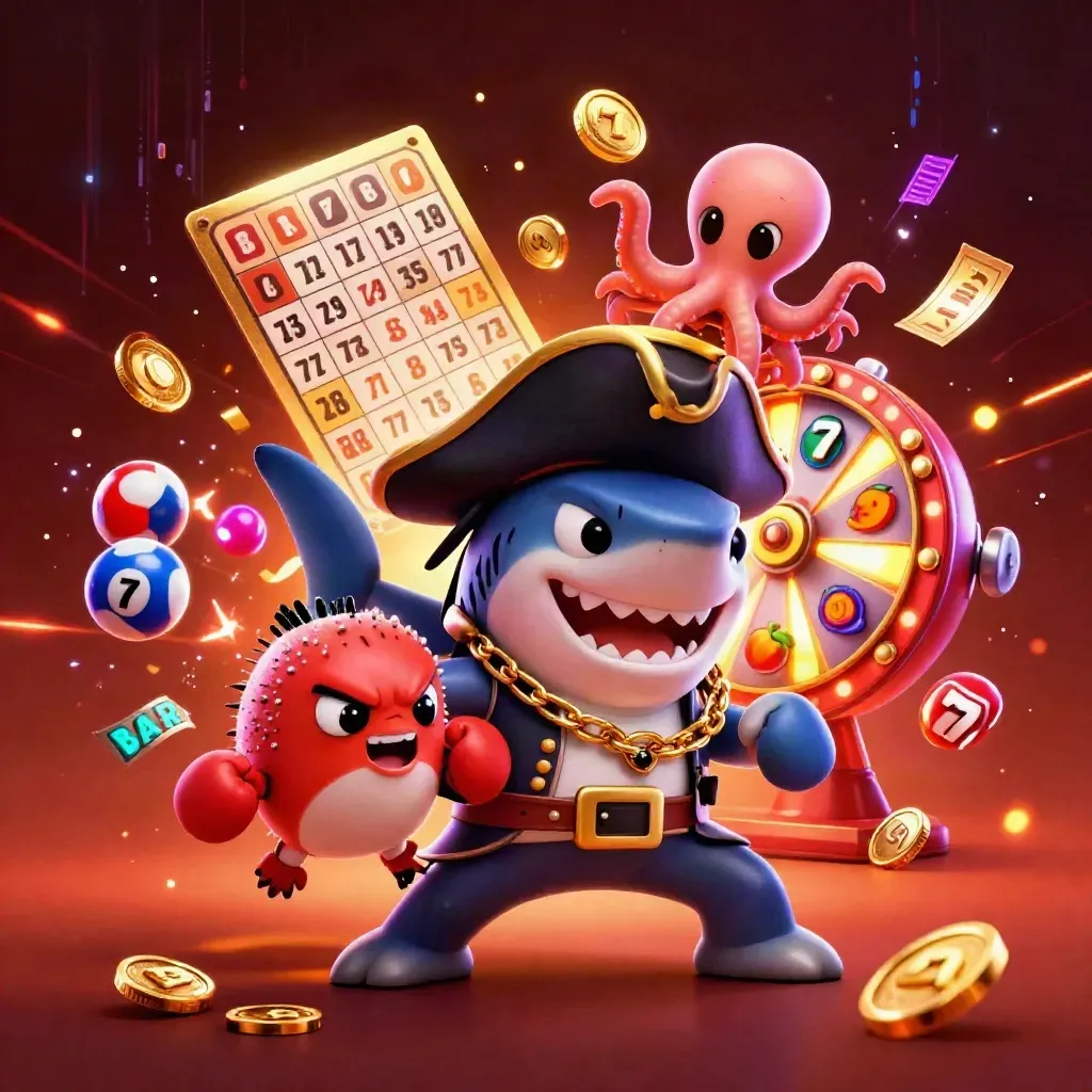 Pirate shark, boxing pufferfish and coin-juggling octopus amid casino bursts and neon glow