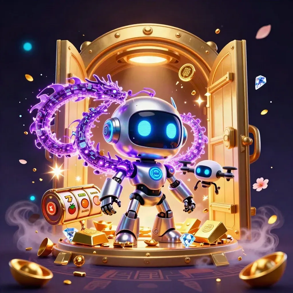 Cyberpunk robot, hologram dragon, and coin drone burst from a glowing vault amid slots and gold.