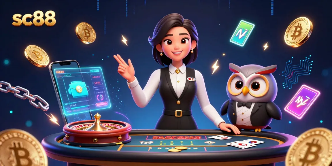 Experience sc88 with a vibrant scene of a dealer and cartoon assistant at a baccarat table surrounded by glowing crypto coins.