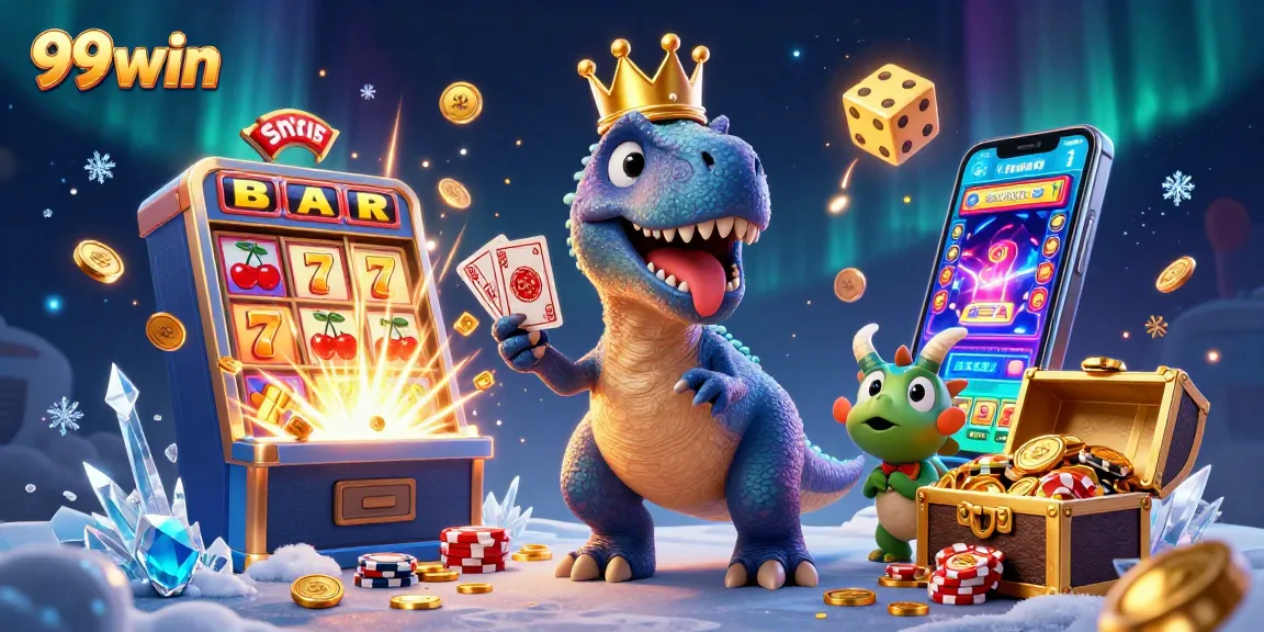Experience the thrill of 99win with playful dinosaur characters in a vibrant casino scene.