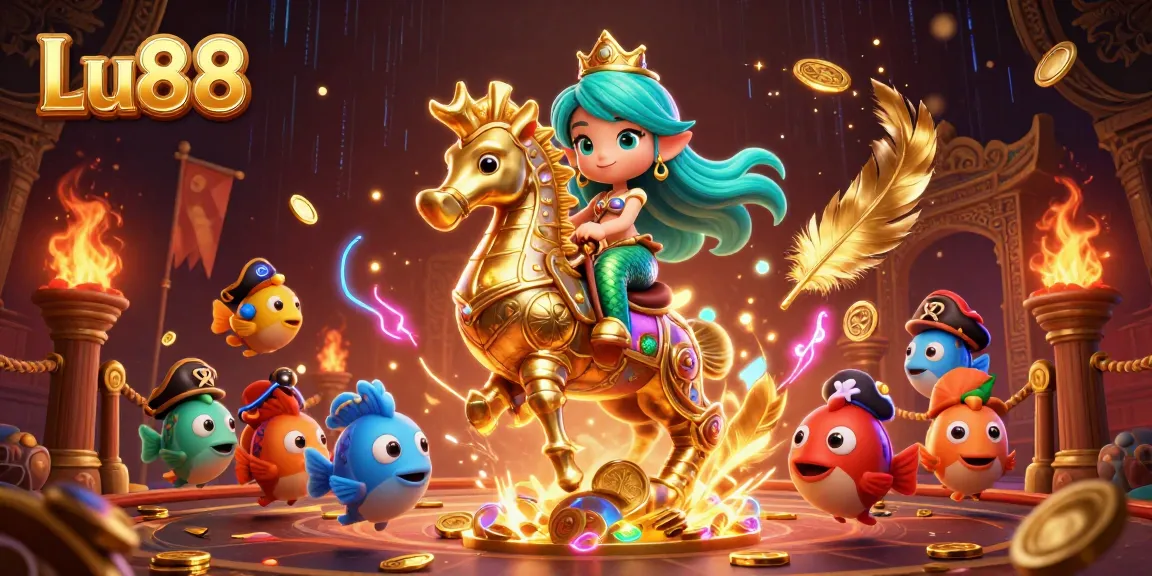 Experience the thrill of casino action with Lu88's vibrant mermaid princess and seahorse.