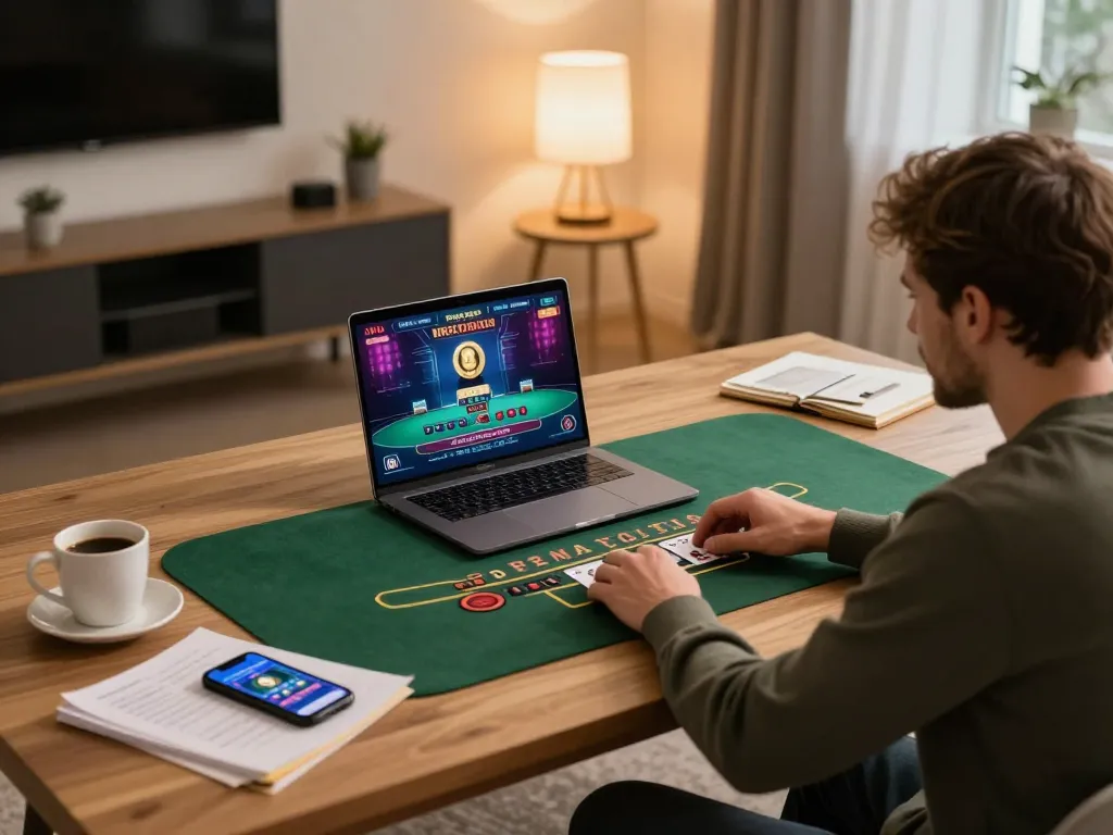 Player enjoying BJ88 live dealer blackjack on a cozy home setup, promoting responsible gaming
