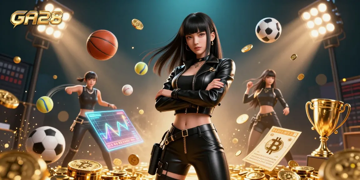 Experience the thrilling excitement of GA28 sports betting with dynamic visuals of coins and sports balls.