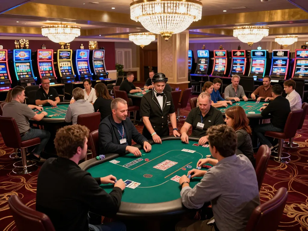 Players engaging in intense poker strategy at 577F's lively casino floor, showcasing excitement and luxury.