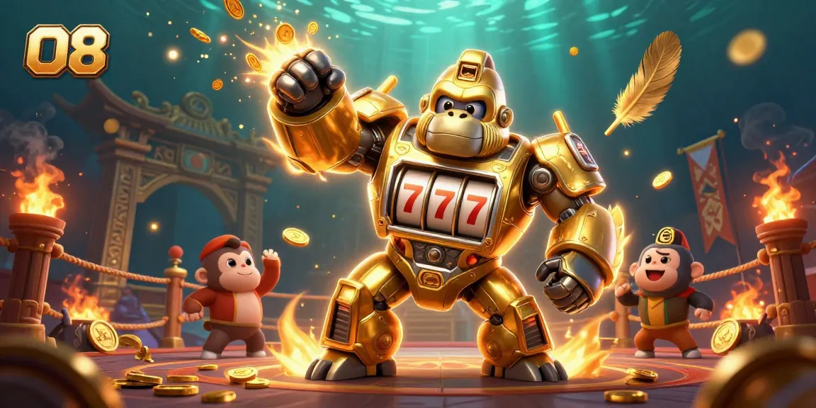 Experience thrilling gambling with O8's transformer-style mech amidst gold coins and a dramatic arena.