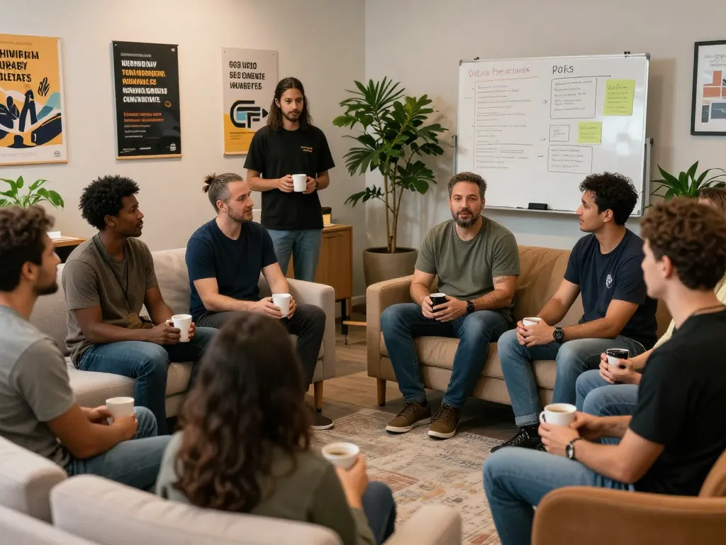 Men in a supportive manclub environment discussing mental health and building community