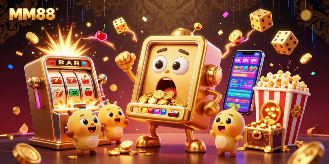MM88's golden slot machine winning big as coins cascade out, vibrant casino scene filled with excitement.