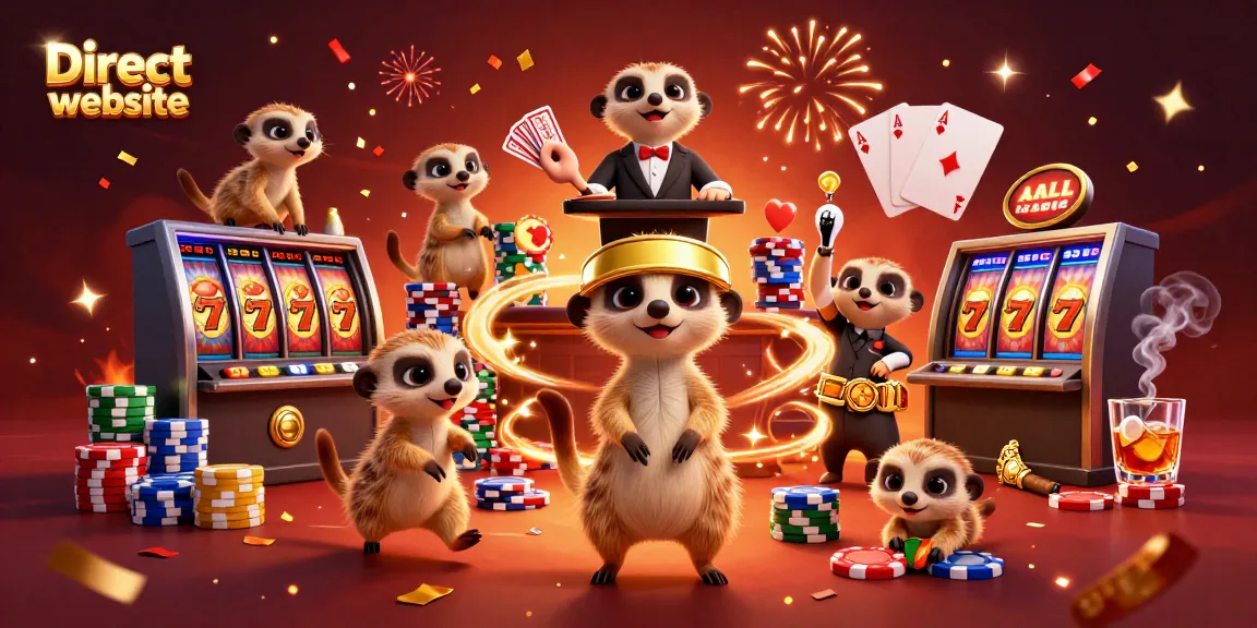 Meerkats manage a dynamic casino scene illustrating direct website gaming excitement with colorful slot symbols.