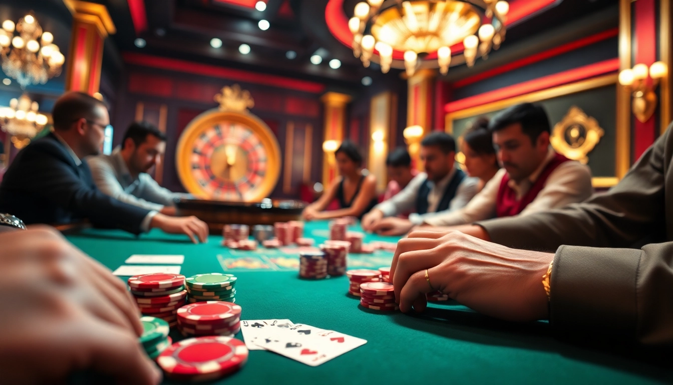 High-stakes poker action at a luxurious casino as featured on bdtk66 blog, with colorful chips and cards.